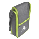 A drink bottle carrier in grey with lime green accents, featuring a shoulder strap and a front zip pocket.