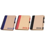A set of three notepads featuring a natural cover, available in blue, red, and black, with spiral binding and a logo.
