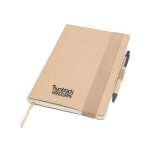 A large A5 notepad in natural tones with a pen attached and a logo on the cover.