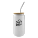 A frosted glass tumbler with a wooden lid and a metal straw, featuring a logo on the front.