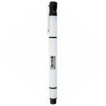 A dual pen and highlighter in white and black, featuring a logo on its body.
