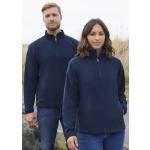 A navy fleece jacket featuring a half-zip design, displayed on both male and female models in an outdoor setting.