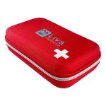 A red first aid case with a white cross and a logo on the exterior, featuring a zip closure.