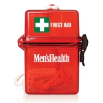 A red waterproof first aid kit featuring a white cross and a logo, containing various medical supplies.