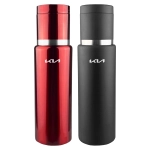 A drink bottle duo featuring a sleek red flask and a matte black flask, both with a logo on the body.