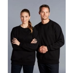 A black crewneck sweatshirt worn by a woman and a man, featuring a simple design and a logo.