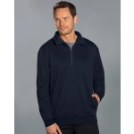 A navy 1/2 zip collar fleecy jumper featuring a front pocket and a logo on the chest.