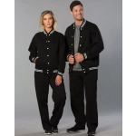 A black fleece varsity jacket with white stripes, worn by a woman and a man, both in matching black pants.
