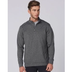 A men's half zip long sleeve sweatshirt in dark grey, featuring a subtle blend texture and a logo.