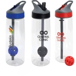 A drink bottle with a grey lid and straw, featuring blue, red, and clear designs, with logos on the side.