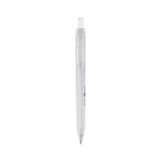 A mechanical pencil in clear plastic with a silver tip and a branding logo on the barrel.