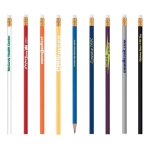 A selection of grey-lead pencils in various colours, each with an eraser and branding on the sides.
