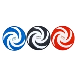A set of three spiral frisbees in blue, black, and red, each featuring a logo.