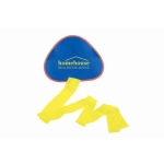 A blue triangular kite with a red edge and yellow ribbons, featuring a logo on one side.