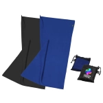 Two workout towels in black and blue, accompanied by a mesh pouch and a branded storage bag.