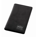 A black leather pocket jotter with a logo on the front, designed for office and business use.