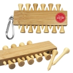 A bamboo golf tee set featuring natural wooden tees and a holder with a carabiner clip.
