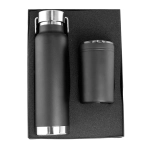 A drink bottle and tumbler gift set in matte black, presented in a black packaging with an inner foam insert.