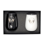A drink cup giftset featuring a black and a white insulated cup, both with branding, in a gift box.