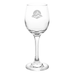 A clear glass wine glass with a tall stem and an etched mountain design. Holds 200ml.