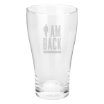A clear glass beer schooner with a tapered design. It features a logo near the top.