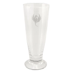 A clear, tall beer glass with a smooth finish and a decorative logo.