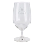A clear glass beer glass with a round bowl and a slender stem. Features a logo on the front.