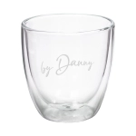 A double wall glass featuring a clear design with a subtle branding logo. Holds 340ml of liquid.