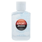 A transparent bottle of hand sanitiser gel, containing 60ml of 75% ethyl-alcohol, with a round logo.