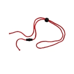 A red chin strap break-away clip with adjustable black toggles on each end. It has a simple, functional design.