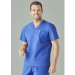 A blue unisex scrub top featuring a pocket and a logo, designed for healthcare professionals.