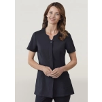 A women's black tunic featuring short sleeves, a button front, and two pockets. It has a logo.