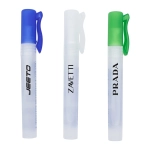 A set of three 10ml sanitiser spray bottles in clear with blue, green, and white caps, featuring logos on each bottle.