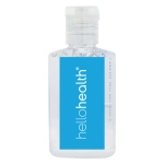 A clear 30ml hand sanitiser gel bottle with a blue label, containing 75% ethyl alcohol. Logo present on the label.