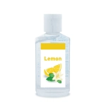 A clear 60ml bottle of hand sanitiser gel with a lemon scent and a label featuring lemon wedges and flowers.