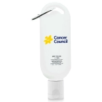 A 50mL white sunscreen bottle with a yellow flower logo and a carabiner clip for easy attachment.
