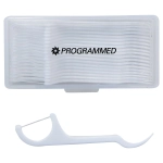 A white dental floss pack containing 20 pieces, with a plastic floss holder included. The pack features a logo.