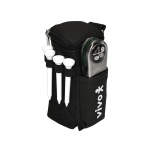 A black golf accessory pack featuring a drink bottle and space for golf tees. Includes a logo.