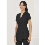 A black women's tunic with short sleeves and a wrap design, featuring a decorative button.