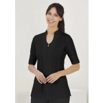 A black women's tunic with a zippered front and short sleeves, featuring a sleek design and a fitted silhouette.