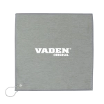A grey golf towel with a loop for attachment, featuring a logo in the centre.