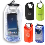 A 2.5L dry bag in various colours, featuring a transparent section and a clip, showcasing different designs and branding.