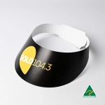 A black sun visor featuring a yellow logo, with a white adjustable strap and an Australian Made label.