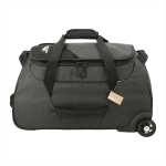 A wheeled duffel bag in black and grey with a logo, featuring sturdy handles and a large zippered compartment.