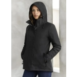 A black women's rain jacket with a hood and pockets, featuring a logo on the front.