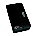 A black travel wallet with a silver accent and a logo, designed for storing travel documents and cards.