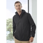 A man is wearing a black rain jacket with a hood, featuring zip pockets and a sleek design.