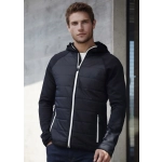 A black puffer jacket with a hood, featuring zippered pockets and a white zipper detail, displayed on a model.