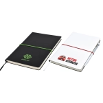 A black notepad with a green logo and a white notepad with a red elastic band and a pen, featuring a logo.