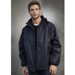 A dark navy unisex rain jacket featuring a hood and adjustable drawstrings, with a logo present.